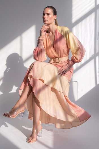 Nikita Mhaisalkar Pink Chanderi V-neck Asymmetric Rose Diffuse Dress With Belt Online at Aza Fashions Nikita Mhaisalkar_Pink Chanderi V-neck Asymmetric Rose Diffuse Dress With Belt _Online_at_Aza_Fashions
