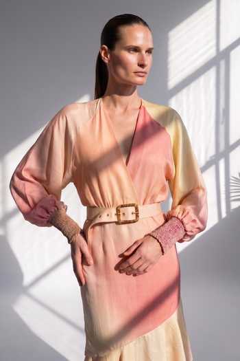 Buy Nikita Mhaisalkar Pink Chanderi V-neck Asymmetric Rose Diffuse Dress With Belt Online at Aza Fashions Buy_Nikita Mhaisalkar_Pink Chanderi V-neck Asymmetric Rose Diffuse Dress With Belt _Online_at_Aza_Fashions