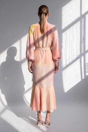 Nikita Mhaisalkar Asymmetric Rose Diffuse Dress With Belt 