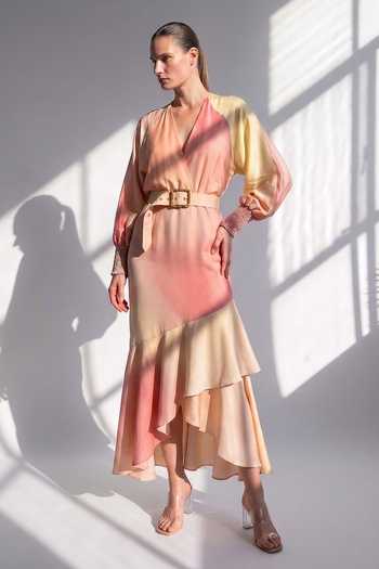 Nikita Mhaisalkar Asymmetric Rose Diffuse Dress With Belt 