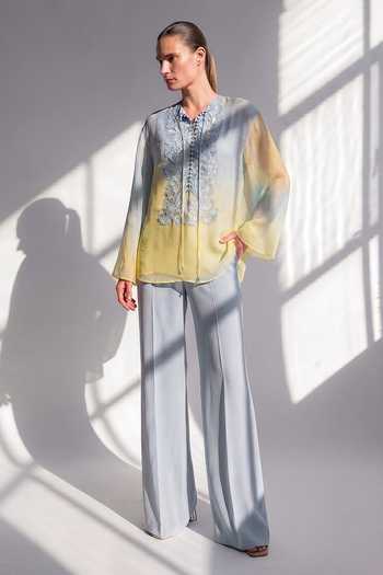 Buy Nikita Mhaisalkar Blue Silk Organza, Suiting V-neck Embroidered Shirt And Pant Set Online at Aza Fashions Buy_Nikita Mhaisalkar_Blue Silk Organza, Suiting V-neck Embroidered Shirt And Pant Set _Online_at_Aza_Fashions