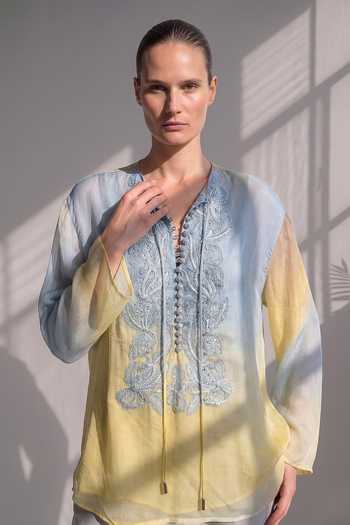 Shop Nikita Mhaisalkar Blue Silk Organza, Suiting V-neck Embroidered Shirt And Pant Set Online at Aza Fashions Shop_Nikita Mhaisalkar_Blue Silk Organza, Suiting V-neck Embroidered Shirt And Pant Set _Online_at_Aza_Fashions