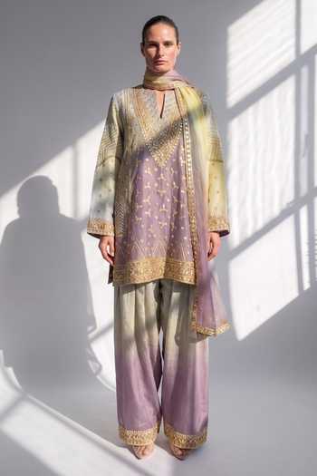 Nikita Mhaisalkar Purple Chanderi Split V-neck Gota Embroidered Kurta Set Online at Aza Fashions Nikita Mhaisalkar_Purple Chanderi Split V-neck Gota Embroidered Kurta Set _Online_at_Aza_Fashions