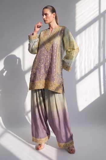 Buy Nikita Mhaisalkar Purple Chanderi Split V-neck Gota Embroidered Kurta Set Online at Aza Fashions Buy_Nikita Mhaisalkar_Purple Chanderi Split V-neck Gota Embroidered Kurta Set _Online_at_Aza_Fashions