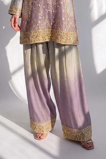 Shop Nikita Mhaisalkar Purple Chanderi Split V-neck Gota Embroidered Kurta Set Online at Aza Fashions Shop_Nikita Mhaisalkar_Purple Chanderi Split V-neck Gota Embroidered Kurta Set _Online_at_Aza_Fashions