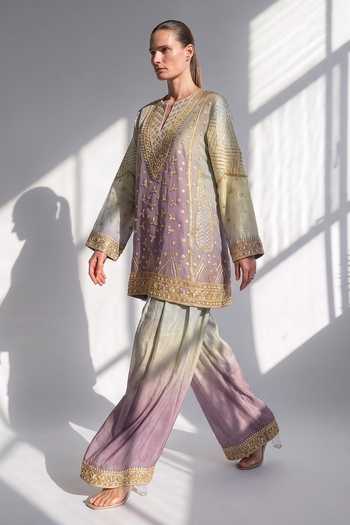 Nikita Mhaisalkar Purple Chanderi Split V-neck Gota Embroidered Kurta Set at Aza Fashions Nikita Mhaisalkar_Purple Chanderi Split V-neck Gota Embroidered Kurta Set _at_Aza_Fashions