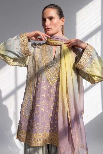 Buy Nikita Mhaisalkar Purple Chanderi Split V-neck Gota Embroidered Kurta Set Buy_Nikita Mhaisalkar_Purple Chanderi Split V-neck Gota Embroidered Kurta Set