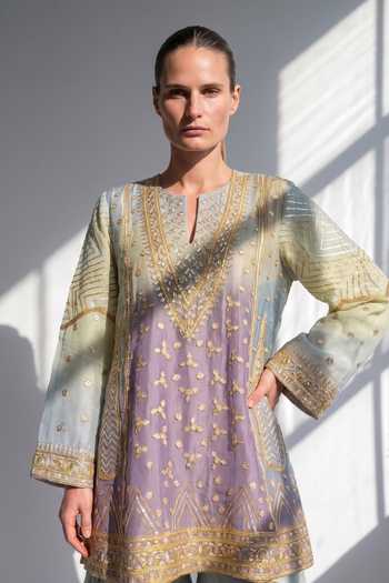 Shop Nikita Mhaisalkar Purple Chanderi Split V-neck Gota Embroidered Kurta Set Shop_Nikita Mhaisalkar_Purple Chanderi Split V-neck Gota Embroidered Kurta Set
