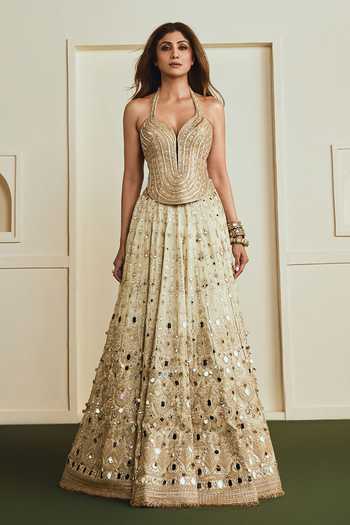 Buy_Gopi Vaid_Beige Net, Tissue Halter Neck Saanjh Mirror Embroidered Lehenga Set _Online_at_Aza_Fashions