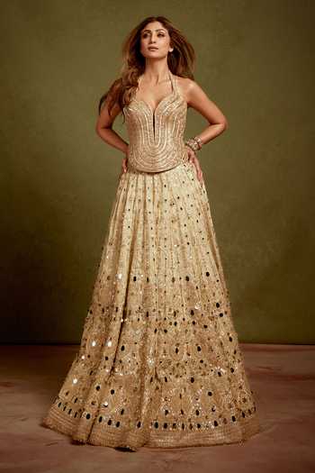 Buy_Gopi Vaid_Beige Net, Tissue Halter Neck Saanjh Mirror Embroidered Lehenga Set 