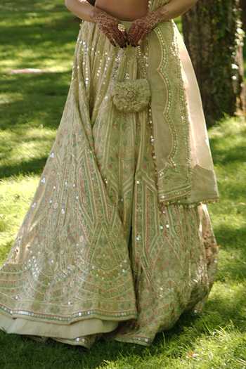 Gopi Vaid_Gold Viscose, Tissue Plunge Neck Suroor Mirror Embroidered Lehenga Set _Online_at_Aza_Fashions