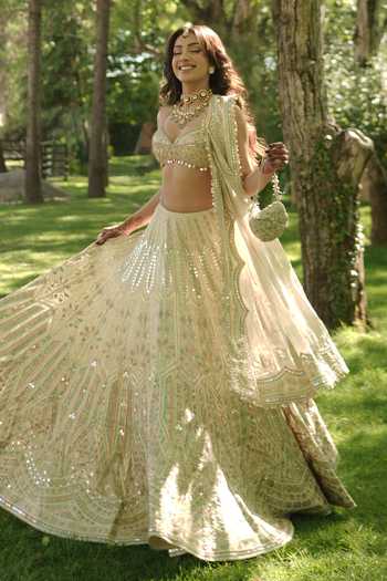 Shop_Gopi Vaid_Gold Viscose, Tissue Plunge Neck Suroor Mirror Embroidered Lehenga Set _Online_at_Aza_Fashions