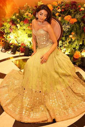 Shop_Gopi Vaid_Green Tussar Embroidery, Zari, Stones, Mirrors Zivaya Corset And Lehenga Set _Online_at_Aza_Fashions