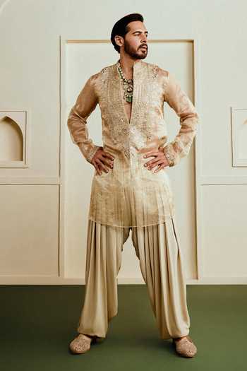 Gopi Vaid_Gold Tussar, Georgette Aariz Sherwani And Draped Dhoti Pant Set _Online_at_Aza_Fashions