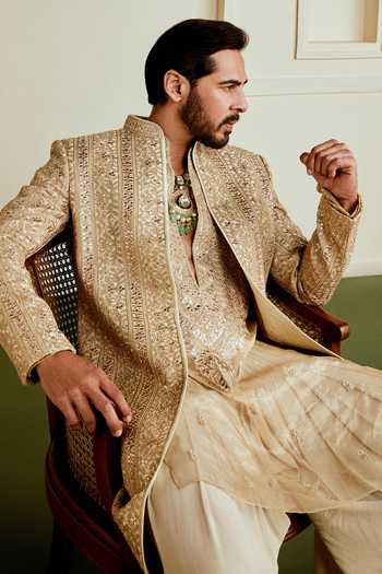 Buy_Gopi Vaid_Gold Viscose, Tissue, Georgette Ehraan Embroidered Kurta Set _Online_at_Aza_Fashions