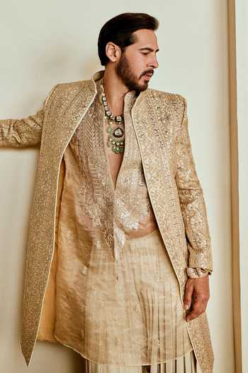 Shop_Gopi Vaid_Gold Viscose, Tissue, Georgette Ehraan Embroidered Kurta Set _Online_at_Aza_Fashions