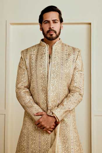 Gopi Vaid_Gold Viscose, Tissue, Georgette Ehraan Embroidered Kurta Set _at_Aza_Fashions