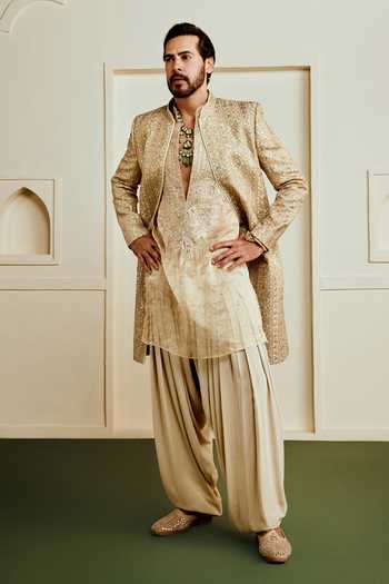 Buy_Gopi Vaid_Gold Viscose, Tissue, Georgette Ehraan Embroidered Kurta Set 