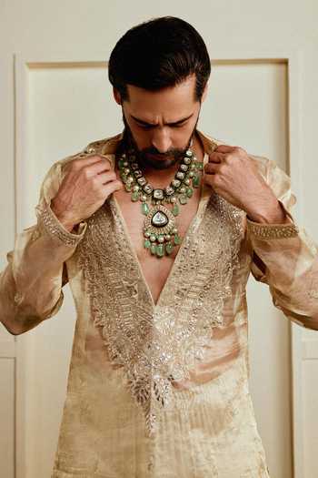 Shop_Gopi Vaid_Gold Tussar, Viscose, Tissue, Georgette Zavian Embroidered Sherwani And Kurta Set _Online_at_Aza_Fashions