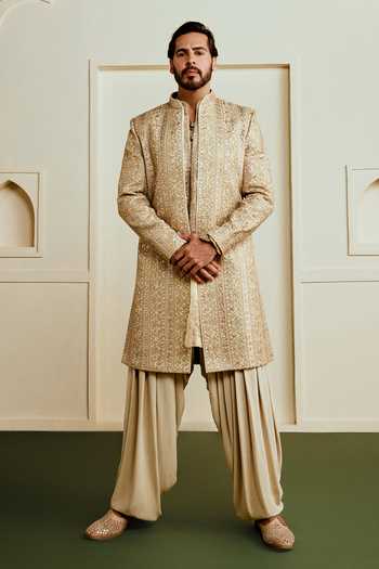Gopi Vaid_Gold Tussar, Viscose, Tissue, Georgette Zavian Embroidered Sherwani And Kurta Set _at_Aza_Fashions