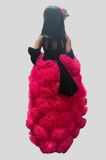 Buy Pinkcow designs pvt ltd Pink Net, Velvet Pearls, Fabric Flowers, Ruffles, Brooches Colorblock Gown Online at Aza Fashions Buy_Pinkcow designs pvt ltd_Pink Net, Velvet Pearls, Fabric Flowers, Ruffles, Brooches Colorblock Gown _Online_at_Aza_Fashions