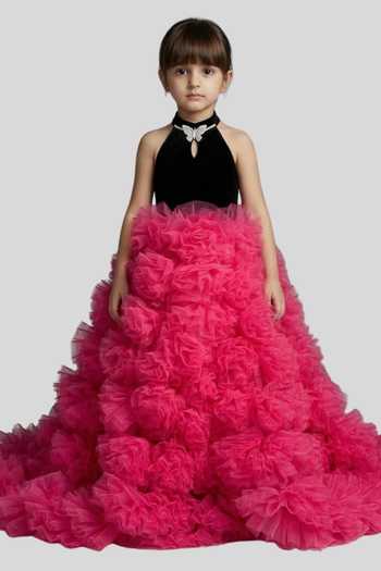 Pinkcow designs pvt ltd Pink Net, Velvet Pearls, Fabric Flowers, Ruffles, Brooches Colorblock Gown at Aza Fashions Pinkcow designs pvt ltd_Pink Net, Velvet Pearls, Fabric Flowers, Ruffles, Brooches Colorblock Gown _at_Aza_Fashions