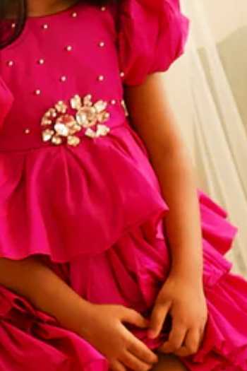 Buy_Pinkcow designs pvt ltd_Pink Taffeta Sequins, Stones Tiered Ruffle Gown _Online_at_Aza_Fashions
