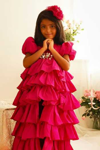 Shop_Pinkcow designs pvt ltd_Pink Taffeta Sequins, Stones Tiered Ruffle Gown _Online_at_Aza_Fashions
