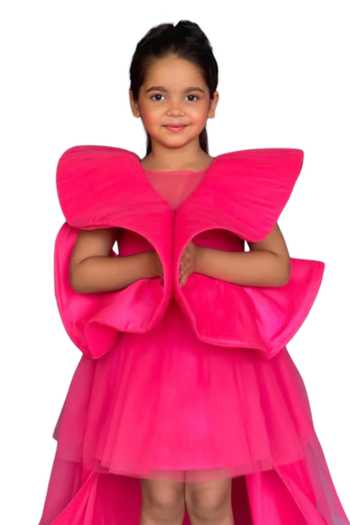 Pinkcow designs pvt ltd_Pink Silk, Canvas, Net Layered Ruffle Pleated Gown _Online_at_Aza_Fashions