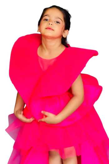 Buy_Pinkcow designs pvt ltd_Pink Silk, Canvas, Net Layered Ruffle Pleated Gown _Online_at_Aza_Fashions