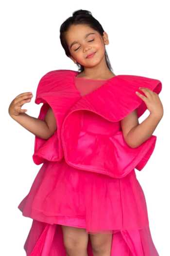Shop_Pinkcow designs pvt ltd_Pink Silk, Canvas, Net Layered Ruffle Pleated Gown _Online_at_Aza_Fashions