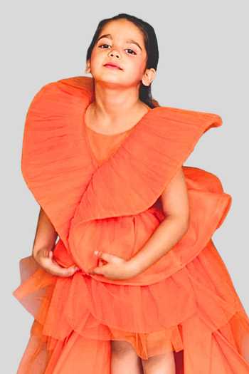 Pinkcow designs pvt ltd Orange Silk, Net, Canvas Ruffles Flared Gown Online at Aza Fashions Pinkcow designs pvt ltd_Orange Silk, Net, Canvas Ruffles Flared Gown _Online_at_Aza_Fashions