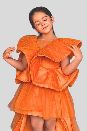 Shop Pinkcow designs pvt ltd Orange Silk, Net, Canvas Ruffles Flared Gown Online at Aza Fashions Shop_Pinkcow designs pvt ltd_Orange Silk, Net, Canvas Ruffles Flared Gown _Online_at_Aza_Fashions
