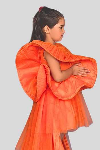 Pinkcow designs pvt ltd Orange Silk, Net, Canvas Ruffles Flared Gown at Aza Fashions Pinkcow designs pvt ltd_Orange Silk, Net, Canvas Ruffles Flared Gown _at_Aza_Fashions