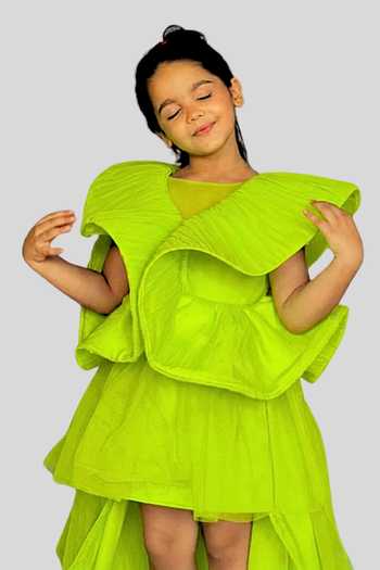 Pinkcow designs pvt ltd Green Silk, Net, Canvas Ruffles Pleated Frill Gown at Aza Fashions Pinkcow designs pvt ltd_Green Silk, Net, Canvas Ruffles Pleated Frill Gown _at_Aza_Fashions