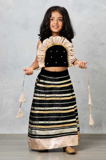 Shop Pinkcow designs pvt ltd Black Silk, Cotton, Velvet, Lace Gota Patti Work Lehenga Set Shop_Pinkcow designs pvt ltd_Black Silk, Cotton, Velvet, Lace Gota Patti Work Lehenga Set