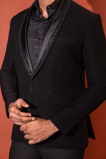 YOSEBA_Black Cotton Cut Work, Sequins Embellished Blazer And Trouser Set For Kids_Online_at_Aza_Fashions