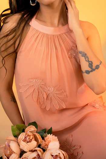 Amrood Peach Organza Applique Carnation Bloom Dress For Kids Online at Aza Fashions Amrood_Peach Organza Applique Carnation Bloom Dress For Kids_Online_at_Aza_Fashions