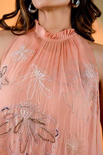 Amrood Peach Organza Beads, Embroidery Wildflora Halter Neck Dress For Kids Online at Aza Fashions Amrood_Peach Organza Beads, Embroidery Wildflora Halter Neck Dress For Kids_Online_at_Aza_Fashions