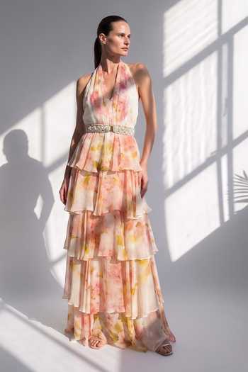 Nikita Mhaisalkar Blush Bloom Print Dress With Belt