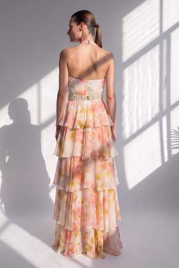 Nikita Mhaisalkar Blush Bloom Print Dress With Belt