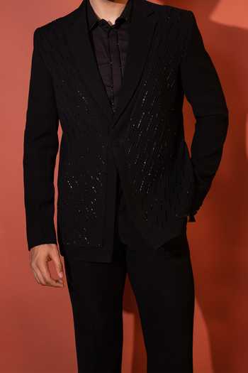 YOSEBA Black Polyester Cut Work Cutdana Embellished Blazer And Trouser For Kids Online at Aza Fashions YOSEBA_Black Polyester Cut Work Cutdana Embellished Blazer And Trouser For Kids_Online_at_Aza_Fashions