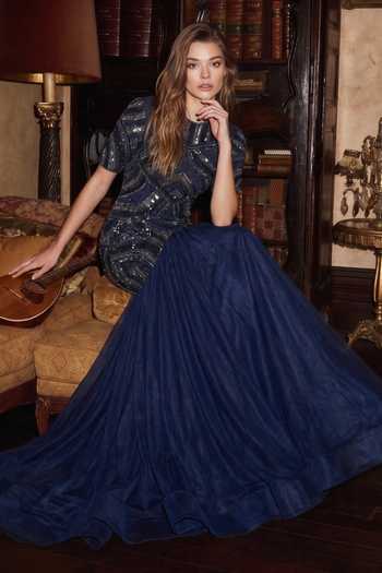 Nikita Mhaisalkar Blue Tulle Sequins, Beads, Metallic Thread High Neck Embellished Gown Online at Aza Fashions Nikita Mhaisalkar_Blue Tulle Sequins, Beads, Metallic Thread High Neck Embellished Gown _Online_at_Aza_Fashions
