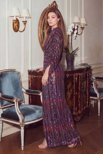 Nikita Mhaisalkar Purple Georgette Plunge Neck Sequin Dress Online at Aza Fashions Nikita Mhaisalkar_Purple Georgette Plunge Neck Sequin Dress _Online_at_Aza_Fashions