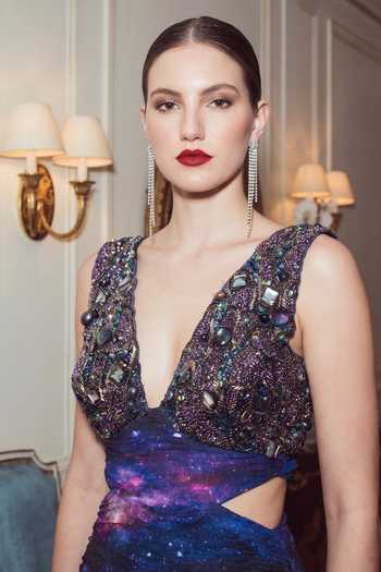 Buy Nikita Mhaisalkar Purple Georgette Plunge Neck Cluster Embroidered Dress Online at Aza Fashions Buy_Nikita Mhaisalkar_Purple Georgette Plunge Neck Cluster Embroidered Dress _Online_at_Aza_Fashions