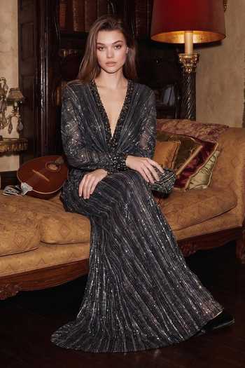 Nikita Mhaisalkar Black Georgette, Lurex Plunge Neck Noir Stud Dress Online at Aza Fashions Nikita Mhaisalkar_Black Georgette, Lurex Plunge Neck Noir Stud Dress _Online_at_Aza_Fashions