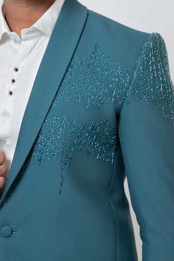 Buy YOSEBA Teal Wool, Cotton Cut Work Scattered Embroidered Blazer And Trouser For Kids Online at Aza Fashions Buy_YOSEBA_Teal Wool, Cotton Cut Work Scattered Embroidered Blazer And Trouser For Kids_Online_at_Aza_Fashions