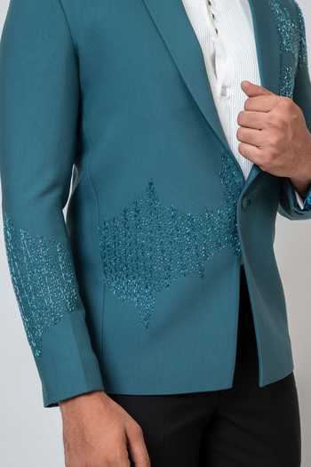 YOSEBA Teal Wool, Cotton Cut Work Scattered Embroidered Blazer And Trouser For Kids Online at Aza Fashions YOSEBA_Teal Wool, Cotton Cut Work Scattered Embroidered Blazer And Trouser For Kids_Online_at_Aza_Fashions