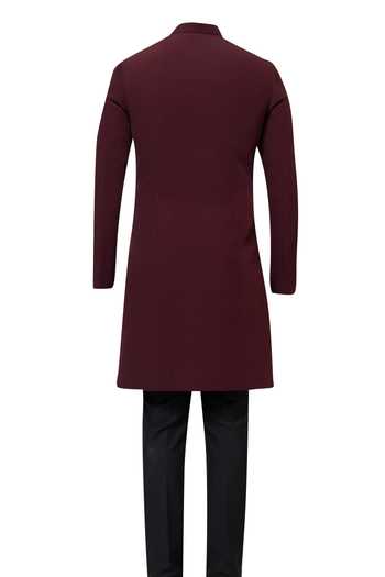 YOSEBA Wine Asymmetric Embroidered Achkan & Trouser For Kids