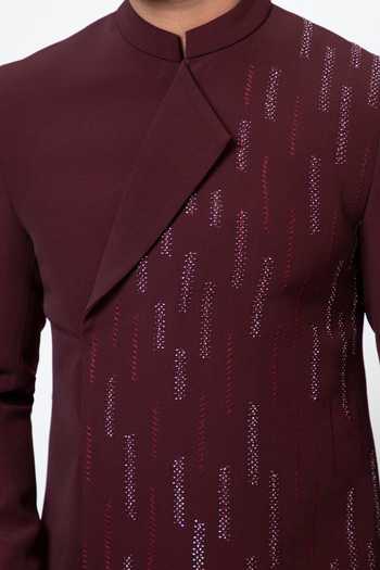 YOSEBA Wine Chanderi, Cotton Cut Work Asymmetric Embroidered Achkan And Trouser For Kids Online at Aza Fashions YOSEBA_Wine Chanderi, Cotton Cut Work Asymmetric Embroidered Achkan And Trouser For Kids_Online_at_Aza_Fashions